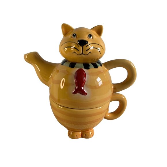 THT Designs Cat Teapot Stacked Cup and Pot Set Cat with fish tag - Picture 1 of 9